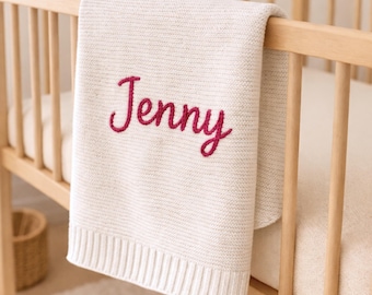Custom Newborn Gift Cotton Blanket Knit Embroidered Girl Boy Nursery Toddler Personalized Name Baby Infant Stroller Crib Snuggles Car Winter