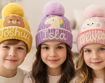 Gorro de invierno con pompón de animal de dibujos animados personalizado, gorro de punto con nombre personalizado para niños pequeños, regalo hecho a mano, regalo de cumpleaños, Navidad, baby shower, niño y niña