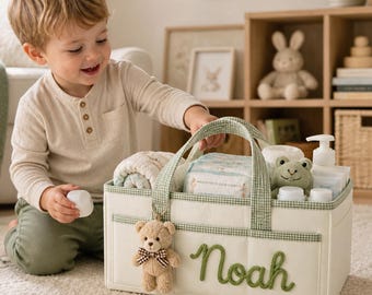 Organizador de fraldas personalizado para chá de bebê, bolsa com nome personalizado, cesto para guardar brinquedos infantis, porta-objetos portátil para o quarto do recém-nascido.