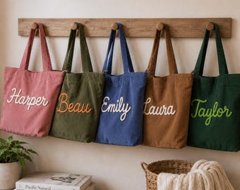 Personalized Corduroy Tote Bag Custom CottonRope Name Organizer Bridesmaid Teacher Mom Girlfriend Sister Birthday Gift Everyday Shoulder Bag