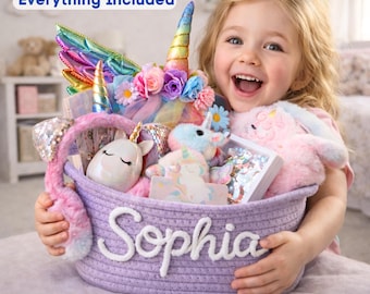 Personalisierte Einhorn Geschenk Set Korb Kleinkind Mädchen Kinder Geburtstag Geschenk Kit Spielset Dressup Spielzeug Regenbogen Name Überraschung Box Andenken