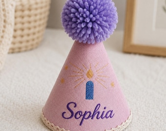 Custom Name Birthday Party Hat Embroidery Personalized Adjustable Hat Cone Cap Pastel Photo Prop Fun PomPom Toddler Baby Boy Girl 12345 Kids
