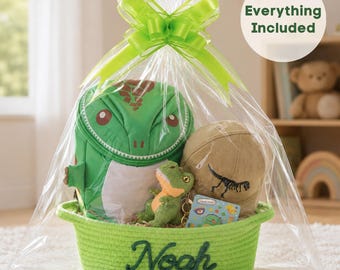 Personalized Name Dinosaur Gift Basket Boy Birthday Custom Present Keepsake Gift For Grandson Nephew Brother Friends Dino Fans Ready To Gift