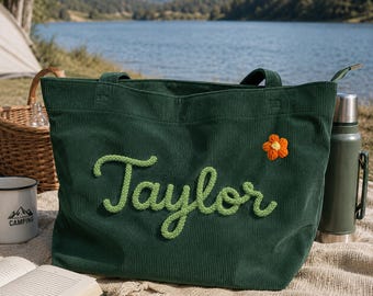 Custom Name Corduroy Tote Bag CottonRope Personalized Organizer Bridesmaid Teacher Mom Girlfriend Sister Birthday Gift Everyday Shoulder Bag