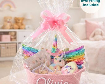 Cesta de regalo de unicornio con nombre personalizado para niñas pequeñas, juguetes de cumpleaños, kit de regalo personalizado, juego de disfraces, caja sorpresa arcoíris, recuerdo
