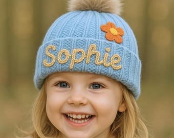 Gorro de invierno personalizado con pompón de hilo grueso y nombre personalizado para niña y niño, tejido de punto hecho a mano, letras cálidas para niños de 0 a 8 años, regalo divertido