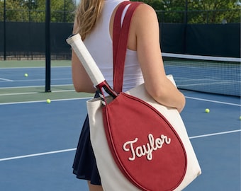 Personalized Sport Tote Bag Custom Name Gift Tennis Racket CottonRope Shoulder Bag Badminton Squash Bag Lover Women Girl Sister Friend Teen