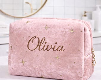 Personalisierte Luxus Gold Sterne Samt Make-up Tasche Kulturbeutel Benutzerdefinierte Name Organizer Fall Reise Geschenk Freundin Mama Baby Shower Brautjungfern