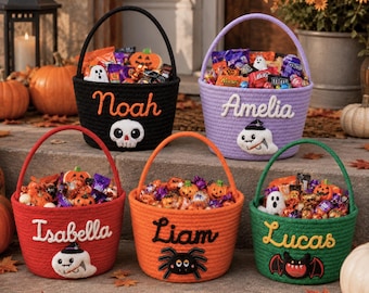 Custom Halloween Basket Personalized Name Trick or Treat Candy Bag Kids Boo Bucket Halloween Gift Toddler Boy Girl Grandchildren Cotton Rope