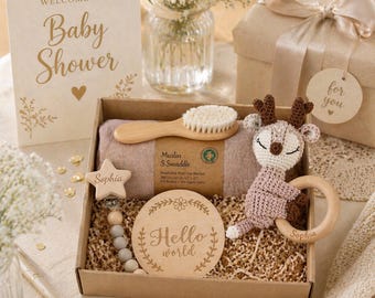 Custom Name Newborn Baby Gift Set Personalized Baby Shower Present Keepsake Box Rattle Pacifier Clip Swaddle Brush Infant Toy Unique Neutral