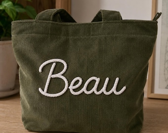 Personalized Name Corduroy Tote Bag CottonRope Organizer Bridesmaid Teacher Mom Girlfriend Sister Birthday Custom Gift Everyday Shoulder Bag