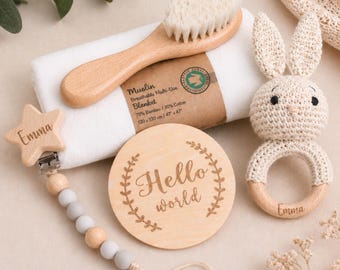 Personalized Baby Gift Set Newborn Keepsake Box Custom Name Rattle Pacifier Clip Swaddle Brush Baby Shower Present Infant Toy Unique Neutral