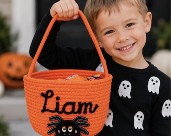 Personalized Halloween Basket Custom Name Cotton Rope Trick or Treat Candy Bag Kids Boo Bucket Halloween Gift Toddler Boy Girl Grandchildren