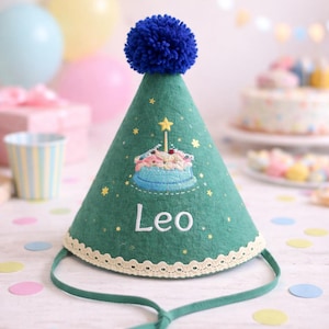 Custom Name Birthday Fun Party Hat Personalized Cotton Gauze Embroidery Cone Cap Adjustable PomPom Toddler Baby Kids Photo Prop Gift BoyGirl