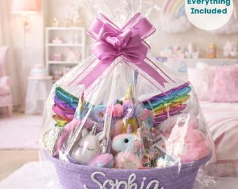 Personalisierte Einhorn Geschenk Set Korb Kleinkind Mädchen Kinder Geburtstag Geschenk Kit Spielset Dressup Spielzeug Regenbogen Name Überraschung Box Andenken