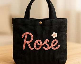 Personalisierte Cord Tasche benutzerdefinierte Name Garn gestickt Kinder Geschenk für ihr Mädchen häkeln Handtasche Kinder Urlaub Geburtstag wiederverwendbar Schwester Mama