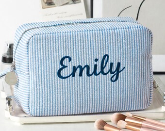 Personalized Name Makeup Organizer Embroidered Striped Travel Toiletry Accessory Bridal Party Gift Her Mom Friend Custom Monogram ZipPouch