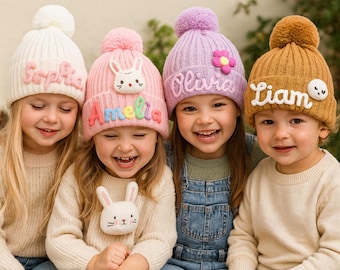 Personalized Cotton Name Winter Kids Beanie Hat Chunky Yarn Letters Custom Crochet Flower Pom Warm Toddler Cozy Gift Knitwear Fun Girl Boy