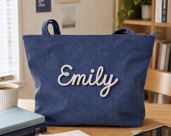 Custom Corduroy Everyday Tote Bag CottonRope Personalized Name Shoulder Bag Organizer Bridesmaid Teacher Mom Girlfriend Sister Birthday Gift