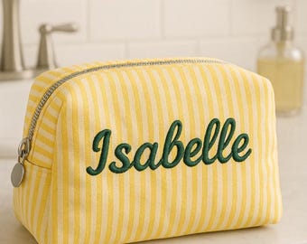 Personalisierter Name bestickt gestreift Reisetoilettenartikel Seersucker Accessoire Brautparty Kosmetik Make-up Organizer ZipPouch Geschenk Her