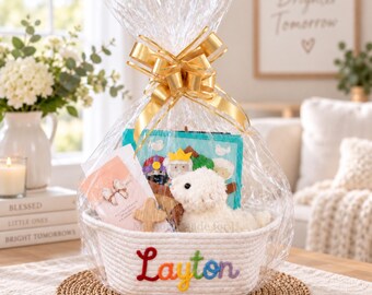 Cesta de presente personalizada para batismo cristão, com nome, cruz de madeira, cordeiro, Bíblia de feltro, presente para afilhado, afilhada ou criança afilhada.
