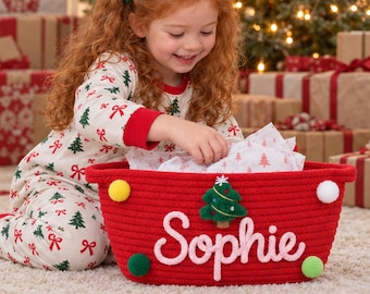 Cesta de Natal Personalizada com Nome, Cordão de Algodão, Véspera de Natal, Presentes Infantis, Decoração de Natal, Papai Noel, Rena, Primeiro Natal do Bebê, Armazenamento de Brinquedos