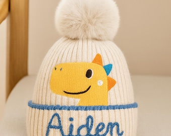Custom Name Personalized Cartoon Animal Pom Beanie WinterHat Knit Kids Toddler Handmade Gift Birthday Christmas Baby Shower Present Boy Girl