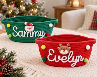 Cesta de Natal Personalizada com Nome, Cordão de Algodão, Véspera de Natal, Presentes Infantis, Decoração de Natal, Papai Noel, Rena, Primeiro Natal do Bebê, Armazenamento de Brinquedos