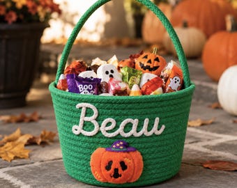 Custom Name Halloween Basket Cotton Rope Trick or Treat Candy Bag Kids Boo Bucket Halloween Personalized Gift Toddler Boy Girl Grandchildren