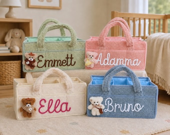 Cesto Organizador de Fraldas Personalizado com Nome, Presente para Chá de Bebê, Pingente de Ursinho de Pelúcia, Organizador para Quarto de Bebê, Cesta para Itens Essenciais do Recém-Nascido, Menina ou Menino