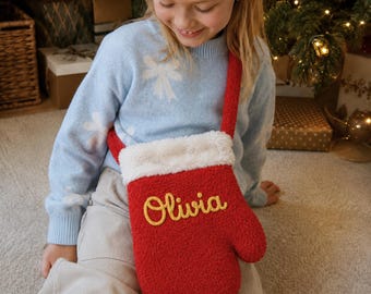 Personalized Christmas Mitten Bag Custom Name Kids Crossbody Purse Holiday Xmas Gift Girl Daughter Teen Niece Granddaughter Stocking Stuffer