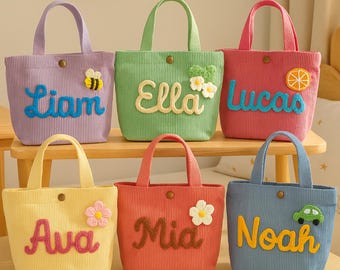 Personalisierte Tasche benutzerdefinierte Garn gestickt Kinder Geschenk für sie Mädchen häkeln Cord Handtasche Kinder Urlaub Geburtstag wiederverwendbare Shopper Schwester