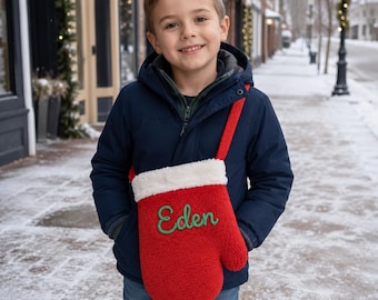 Custom Name Christmas Mitten Bag Kids Crossbody Purse Holiday Xmas Personalized Gift Girl Daughter Teen Niece Granddaughter Stocking Stuffer