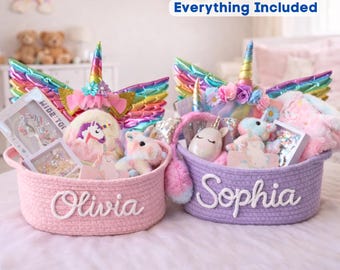 Cesta de regalo personalizada con nombre de unicornio para niñas pequeñas, kit de regalo personalizado para cumpleaños de niñas, juego de disfraces, caja sorpresa arcoíris, recuerdo