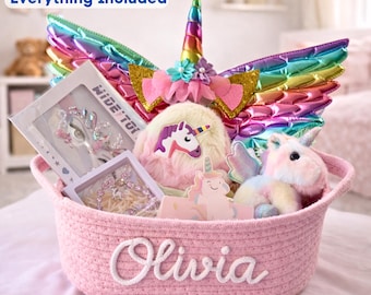 Personalisierte Einhorn Geschenk Set Korb Kleinkind Kinder Geburtstag Mädchen Geschenk Kit Spielset Dressup Spielzeug Regenbogen Name Überraschung Box Andenken