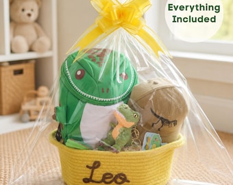 Custom Name Dinosaur Gift Basket Boy Birthday Personalized Present Keepsake Gift For Grandson Nephew Brother Friends Dino Fans Ready To Gift