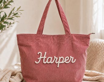 Custom Corduroy Everyday Tote Bag CottonRope Personalized Name Shoulder Bag Organizer Bridesmaid Teacher Mom Girlfriend Sister Birthday Gift