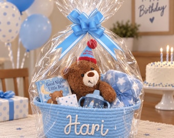 Cesta de presente de aniversário personalizada com nome, feita com corda de algodão, para crianças, com ursinho de pelúcia, pronta para presentear. Ideal para menina, menino, sobrinha, sobrinho ou neto(a).