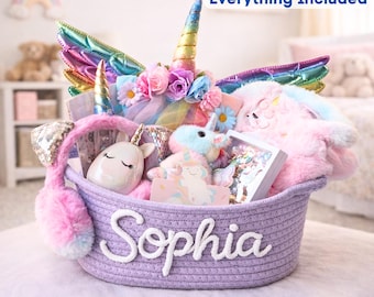 Benutzerdefinierte Name Einhorn Geschenk Set Korb Kleinkind Kinder Geburtstag Mädchen personalisierte Geschenk Kit Spielset Dressup Spielzeug Regenbogen Überraschung Box Andenken