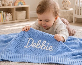 Personalized Newborn Baby Cotton Blanket Knit Embroidered Gift Girl Boy Nursery Toddler Custom Name Infant Stroller Crib Snuggles Car Winter