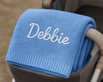 Manta de algodón personalizada para recién nacido, tejida a mano, bordada, regalo para niña, niño, guardería, bebé, nombre personalizado, cochecito, cuna, abrazos, invierno