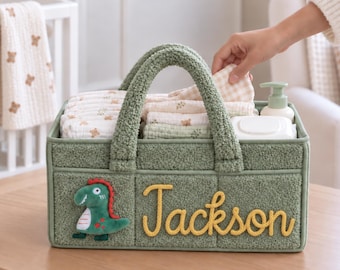 Cesto Organizador de Fraldas Personalizado com Nome e Aplique de Pelúcia de Animal para Berçário - Ideal para Chá de Bebê - Presente Perfeito para Recém-Nascidos - Menina ou Menino