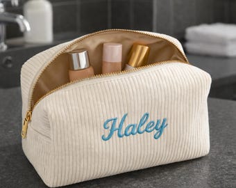 Personalized Makeup Organizer Embroidered Corduroy Pouch Custom Name Toiletry Bag Unique Gifts Girl Bridesmaids Baby shower Birthday Holiday