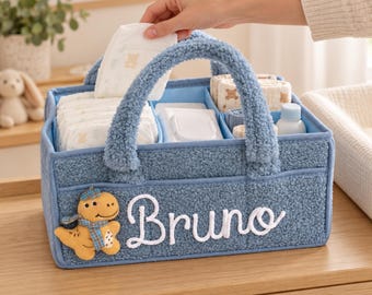 Organizador de fraldas personalizado com nome, item essencial para o quarto do bebê, aplique de pelúcia de animal, presente para chá de bebê, cesto de armazenamento para recém-nascidos, menina ou menino.