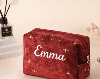 Benutzerdefinierte Gold Sterne Samt personalisierte Name Kulturbeutel Make-up Tasche Luxus Organizer Reise Geschenk Freundin Mama Baby Dusche Brautjungfern