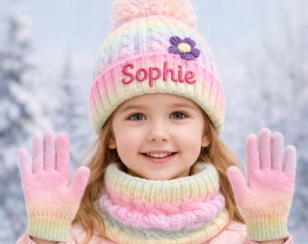 Personalized Name Winter Outfit Set Gradient Knit Cozy Pom Beanie Hat Scarf Gloves Toddler Kids BoyGirl Cold Custom Handmade Accessory Gift