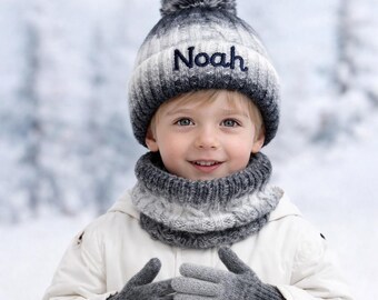 CustomName Gradient Knit Personalized Winter Outfit Set Cozy Pom Beanie Hat Scarf Gloves Toddler Kids BoyGirl Cold Handmade Accessory Gift
