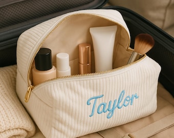 Personalized Corduroy Toiletry Bag Embroidered Name Makeup Organizer Custom Pouch Unique Gifts Girl Bridesmaids Baby shower Birthday Holiday