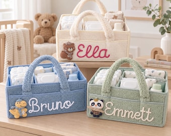 Organizador de fraldas personalizado com nome, item essencial para o quarto do bebê, aplique de pelúcia de animal, presente para chá de bebê, cesto de armazenamento para recém-nascidos, menina ou menino.