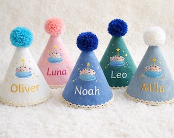 Personalized Cotton Gauze Birthday Fun Party Hat Custom Name Embroidery Cone Cap Adjustable PomPom Toddler Baby Kids Photo Prop Gift BoyGirl